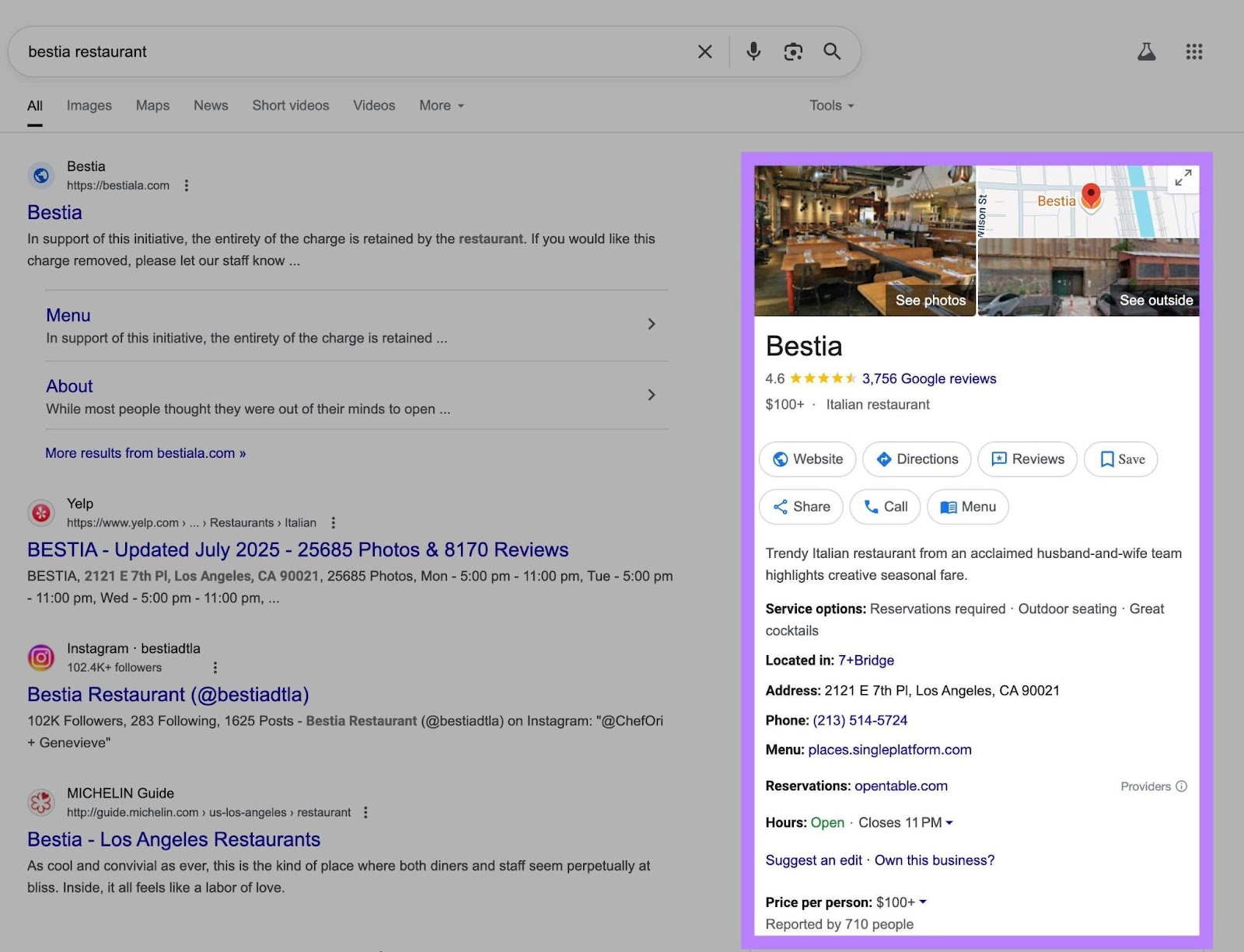 A Google Business Profile for a local business highlighted on the right-hand side of the SERP.