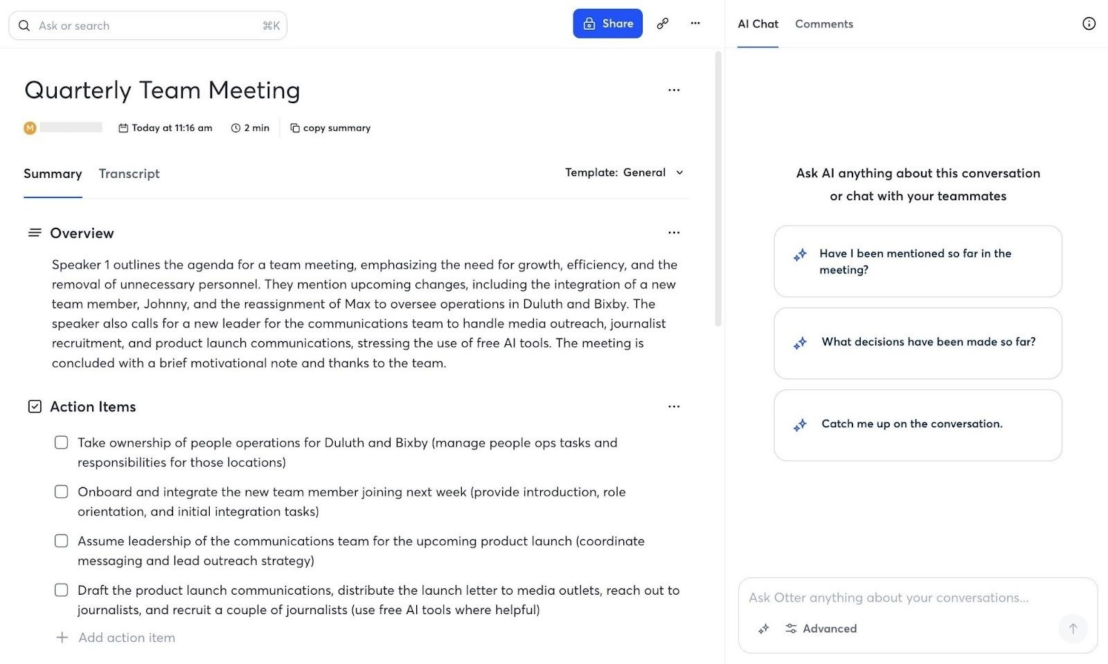 Otter interface showing an overview of a meeting along with key action items on the left and an AI Chat with prompt suggestions on the right.