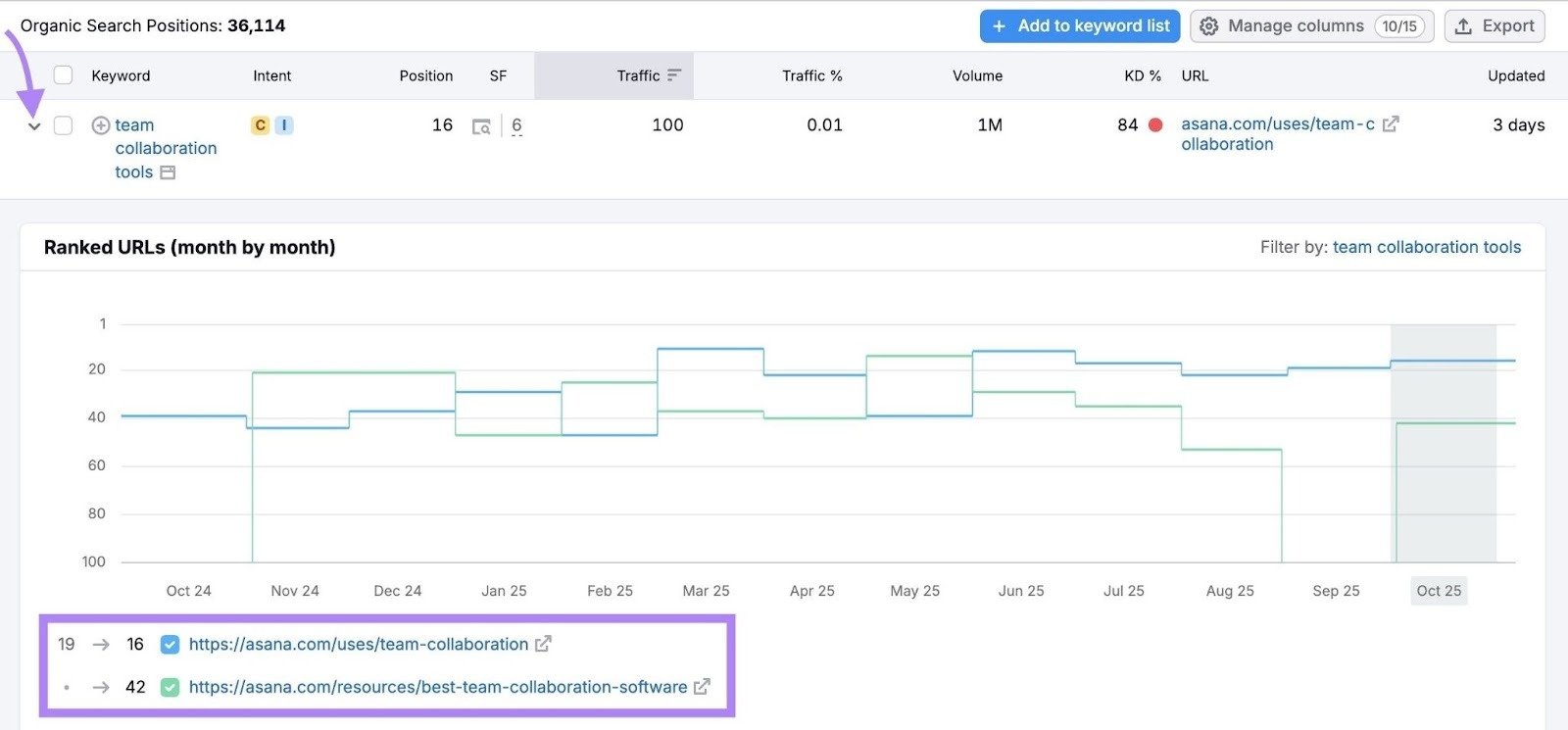 Organic Search Positions report with a keyword clicked to show the exact pages ranking for it.
