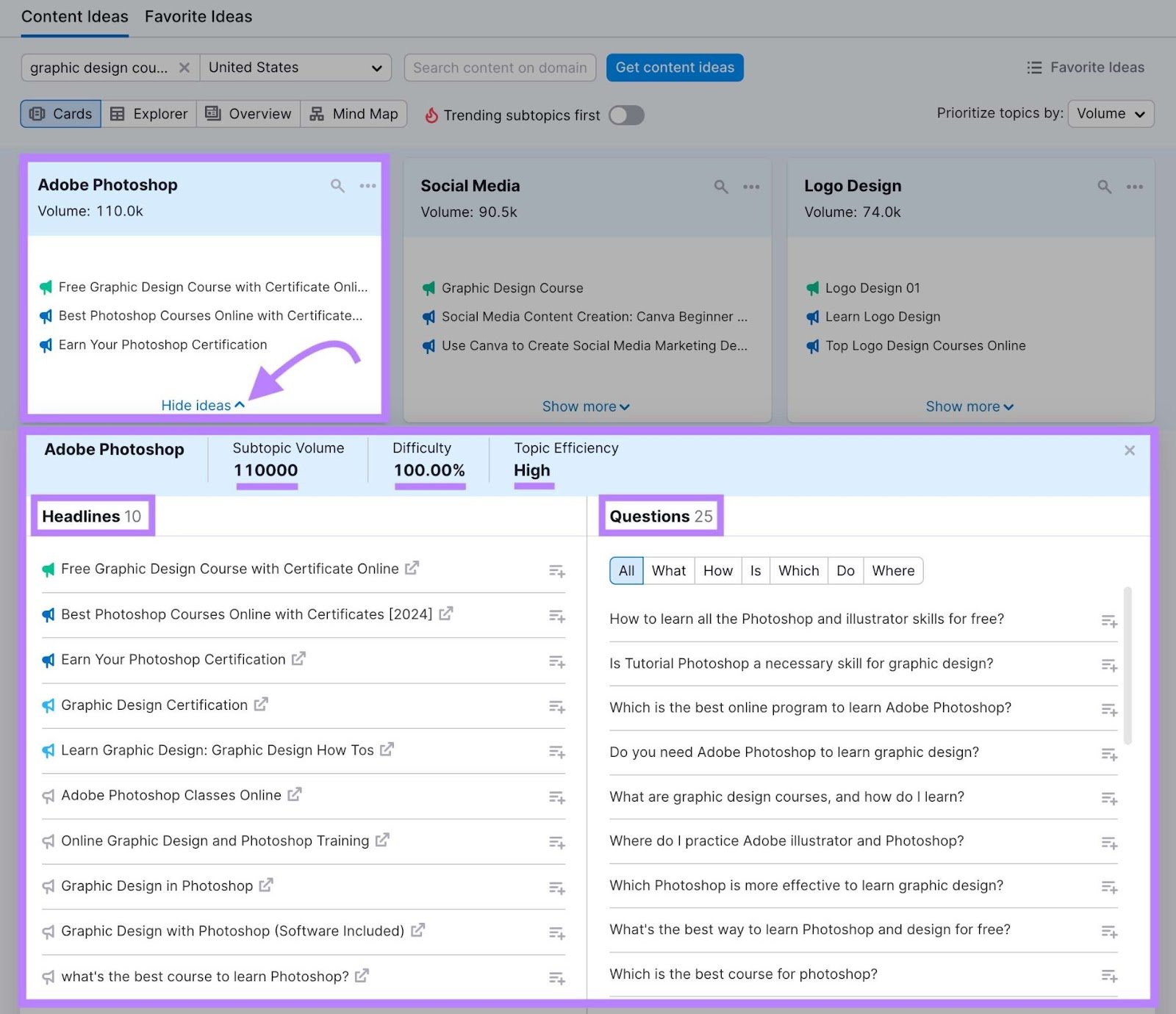 Topic Research interface for “graphic design” showing the card for “Web Design” and its related headlines and questions.