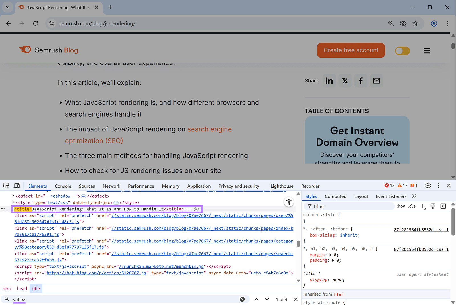 Developer tools panel showing the HTML title tag for a blog post using the search tool.