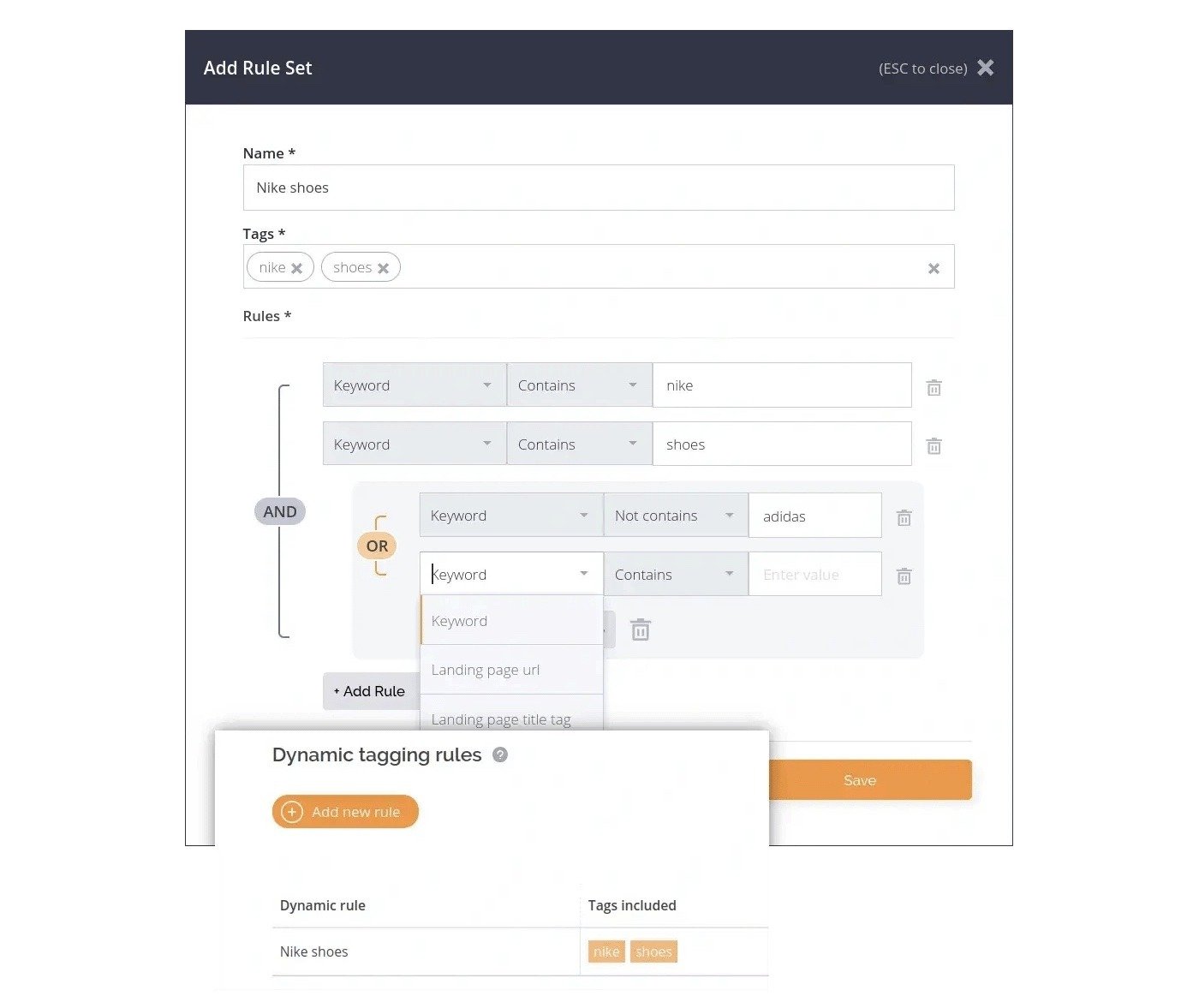 "Add Rule Set" window on AccuRanker.