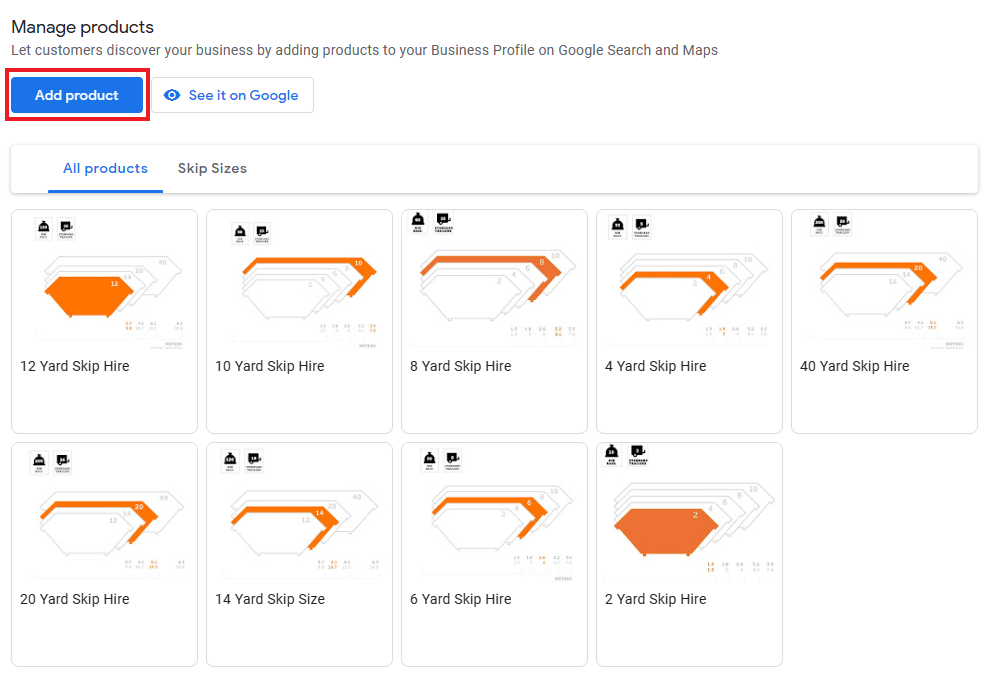 The “Add product” button in Google Business Profile.