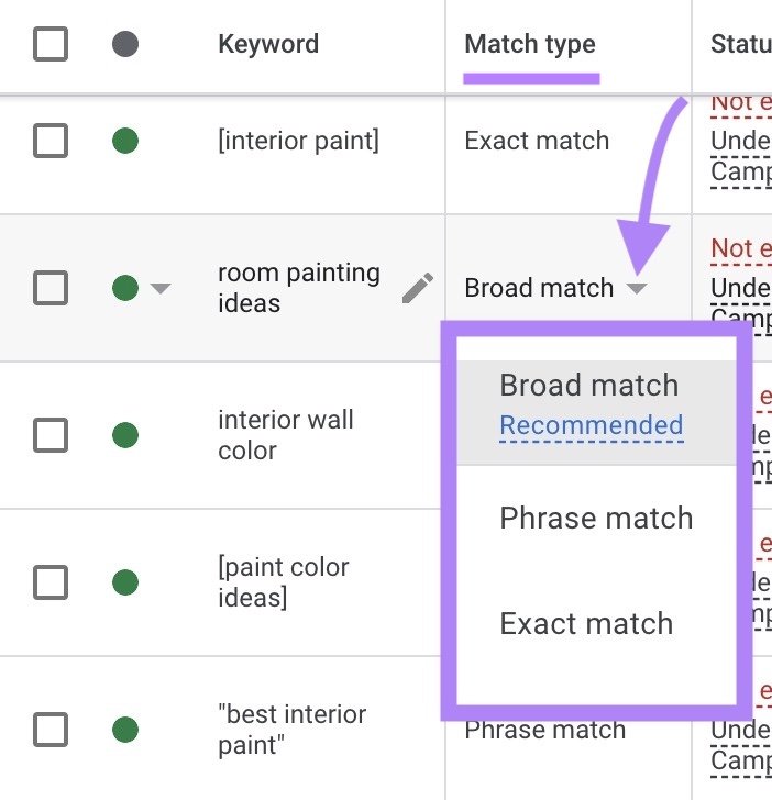 Changing the match type for a single keyword on Google Ads by clicking the dropdown next to it in the "Match type" column.