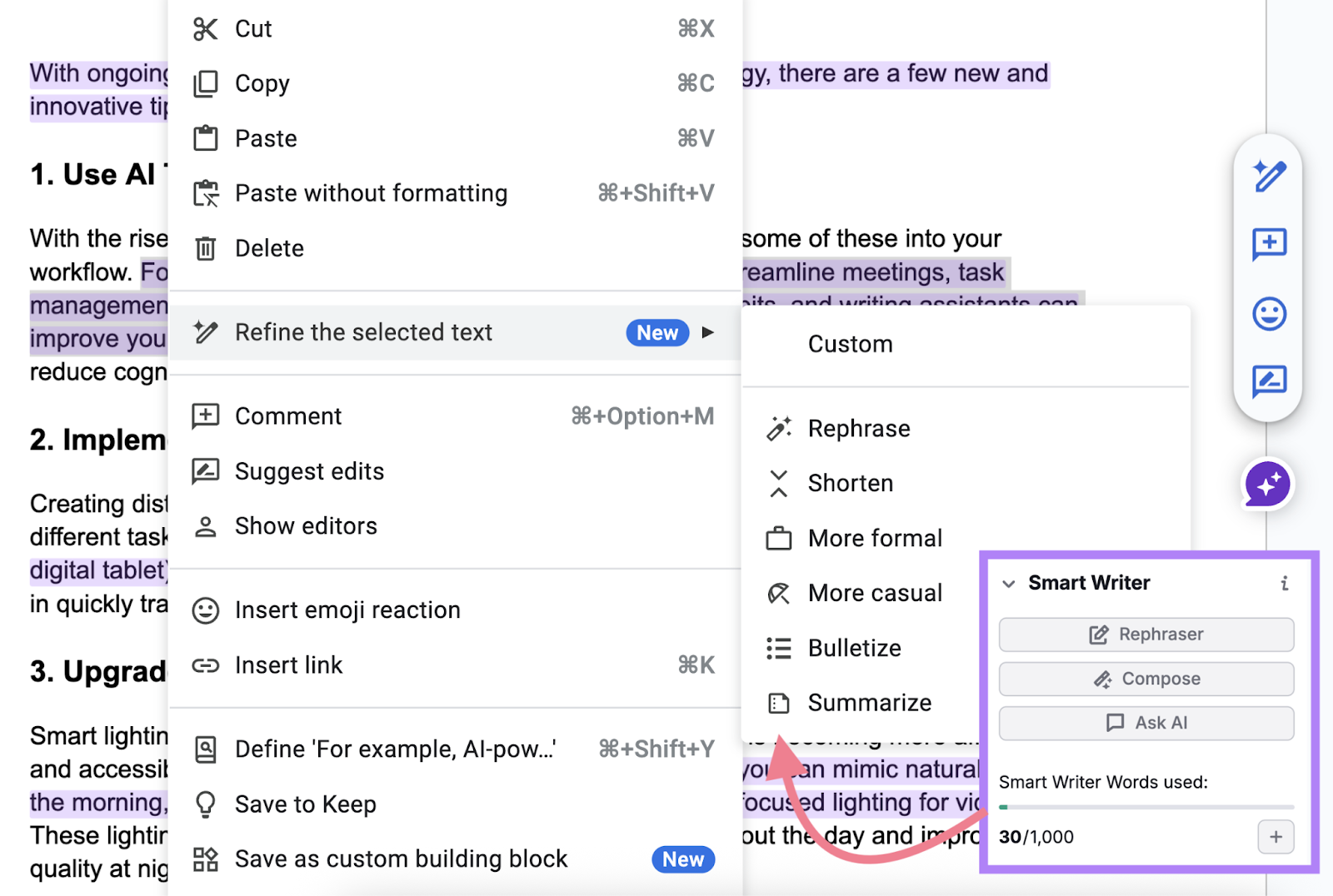 Smart Writer options in Google Doc extension are shown when highlighting text and right-clicking.