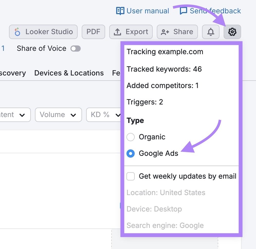 The gear icon clicked on the top of the Position Tracking report and "Google Ads" selected from the dropdown.