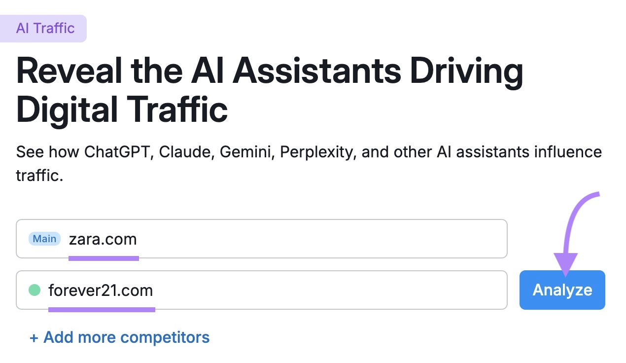 AI Traffic tool start with two competing domains entered and "Analyze" clicked.