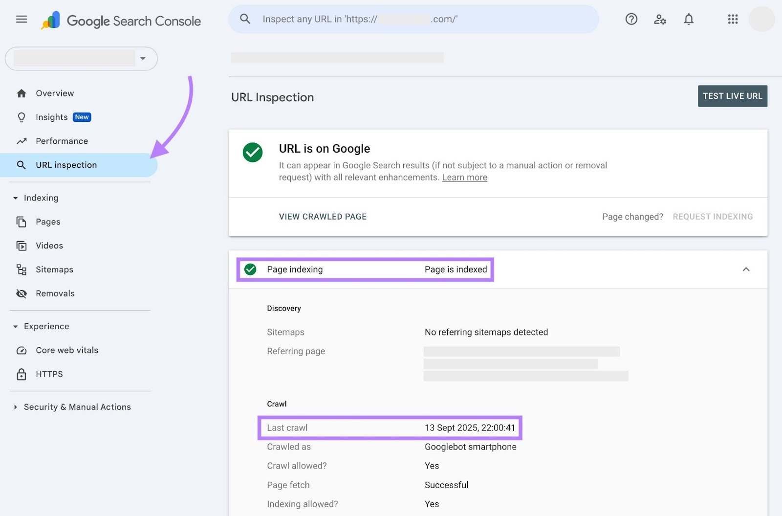 URL Inspection report on Google Search Console showing data like if a page is indexed, last crawl date, etc.
