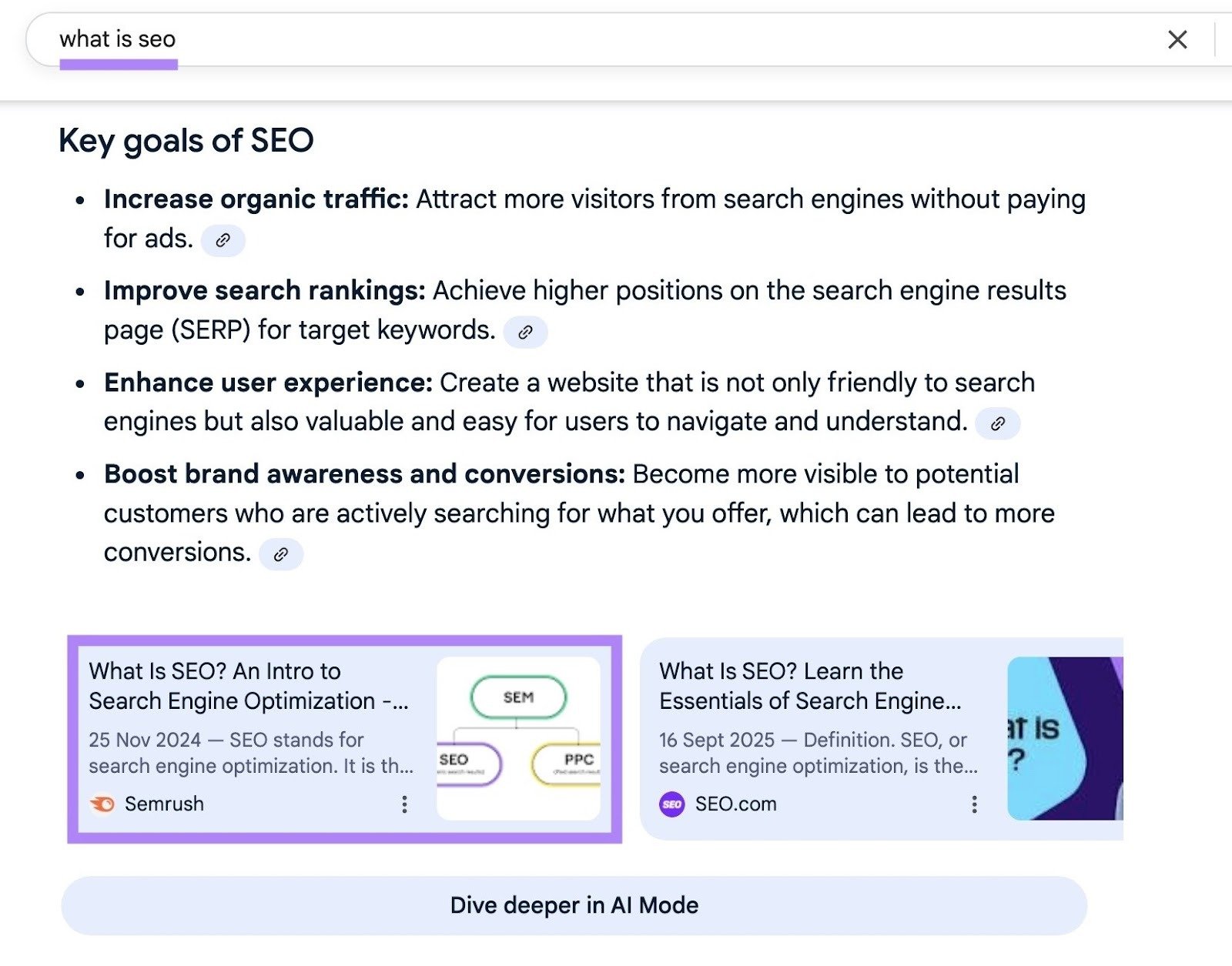 Google SERP for the term "what is seo" citing a blog post by Semrush with the same title.