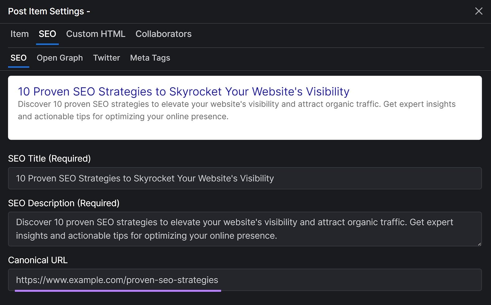 “Canonical URL” field in the “SEO” tab of the Versoly content management system.