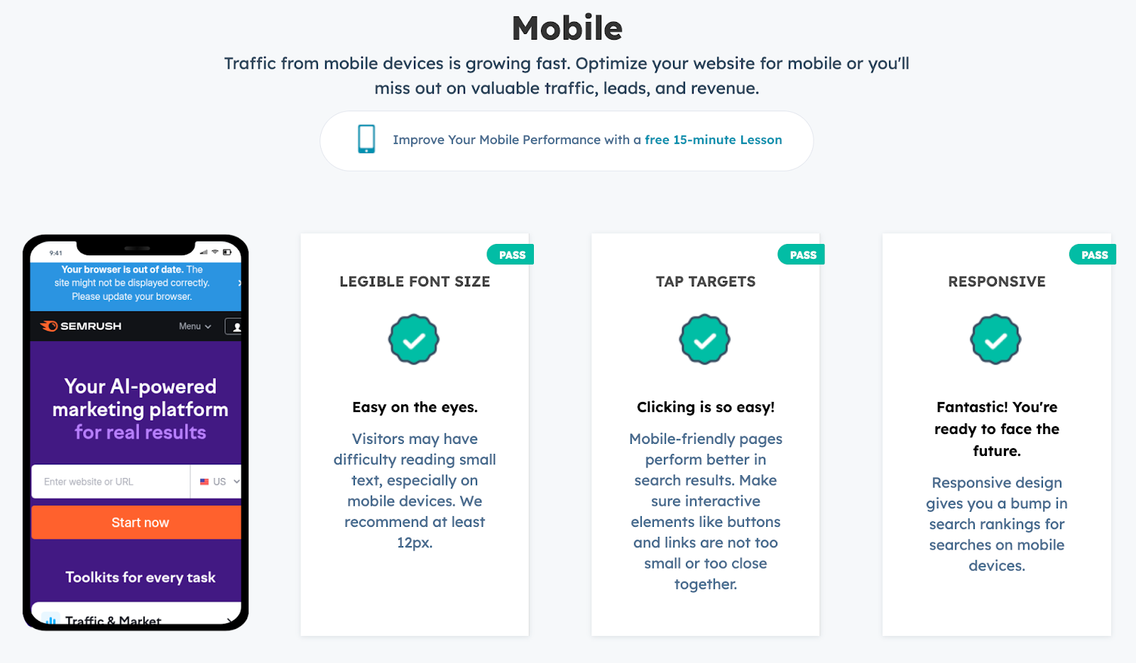 The Website Grader tool checks legible font size, tap targets, and responsiveness.