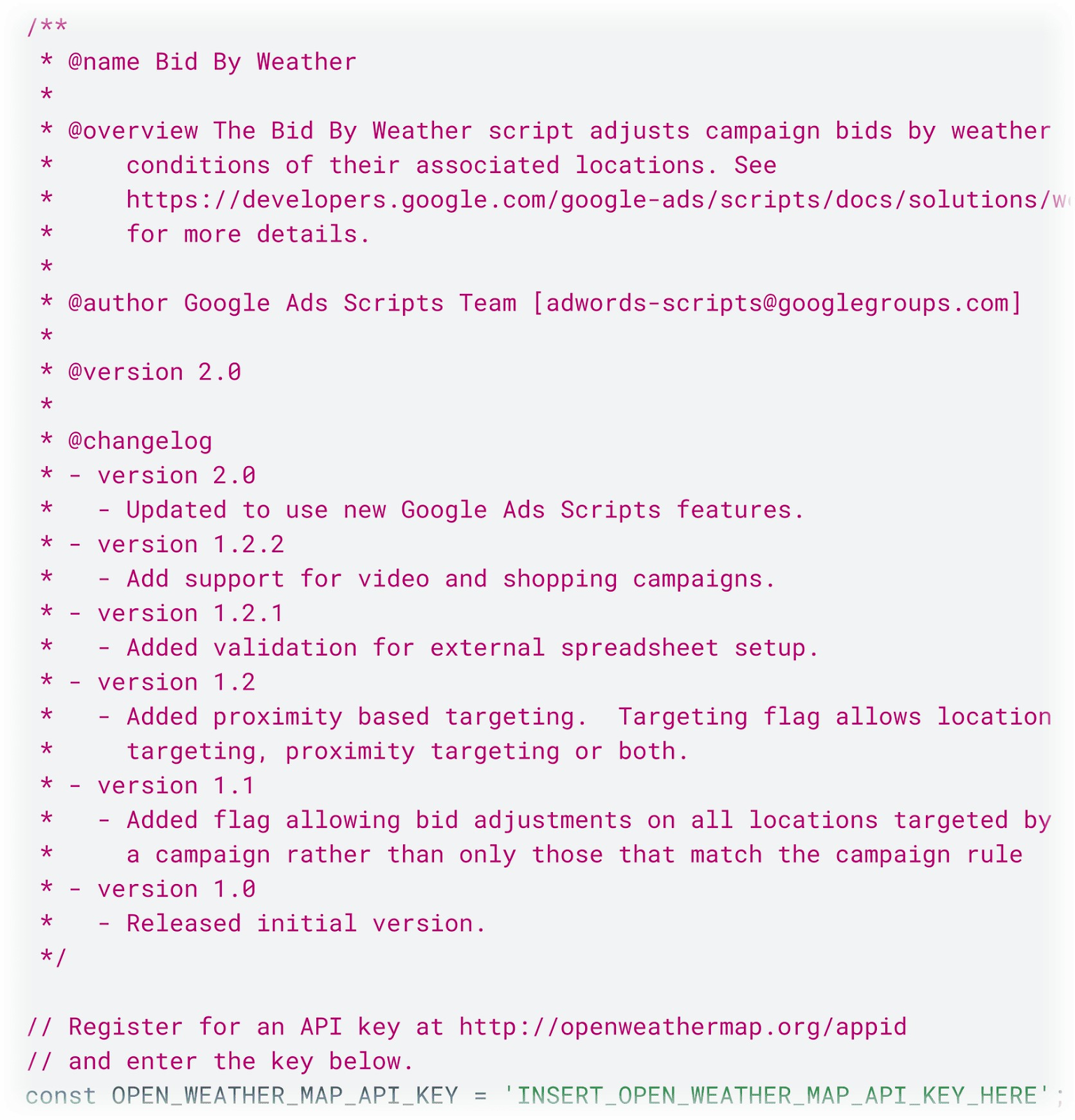 An example of a source code to bid based on current weather in Google Ads library
