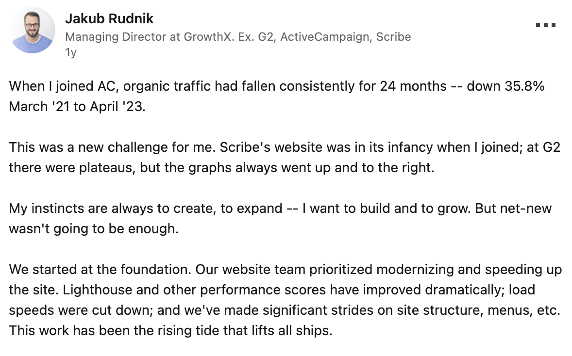 Thought leadership content example from Jakub Rudnik