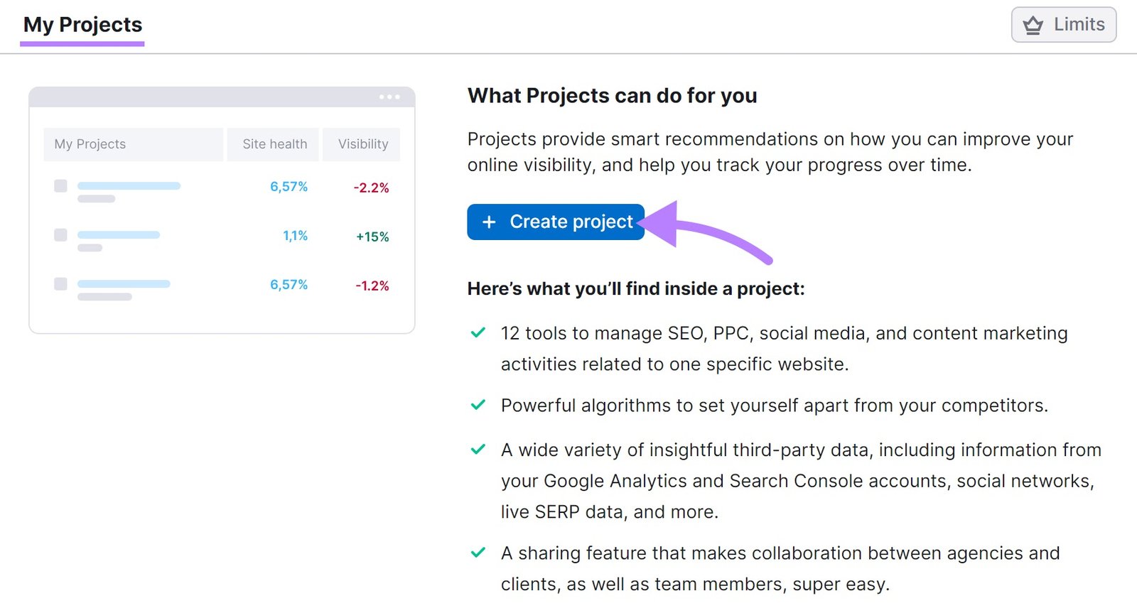 My projects page with the "Create project" button highlighted