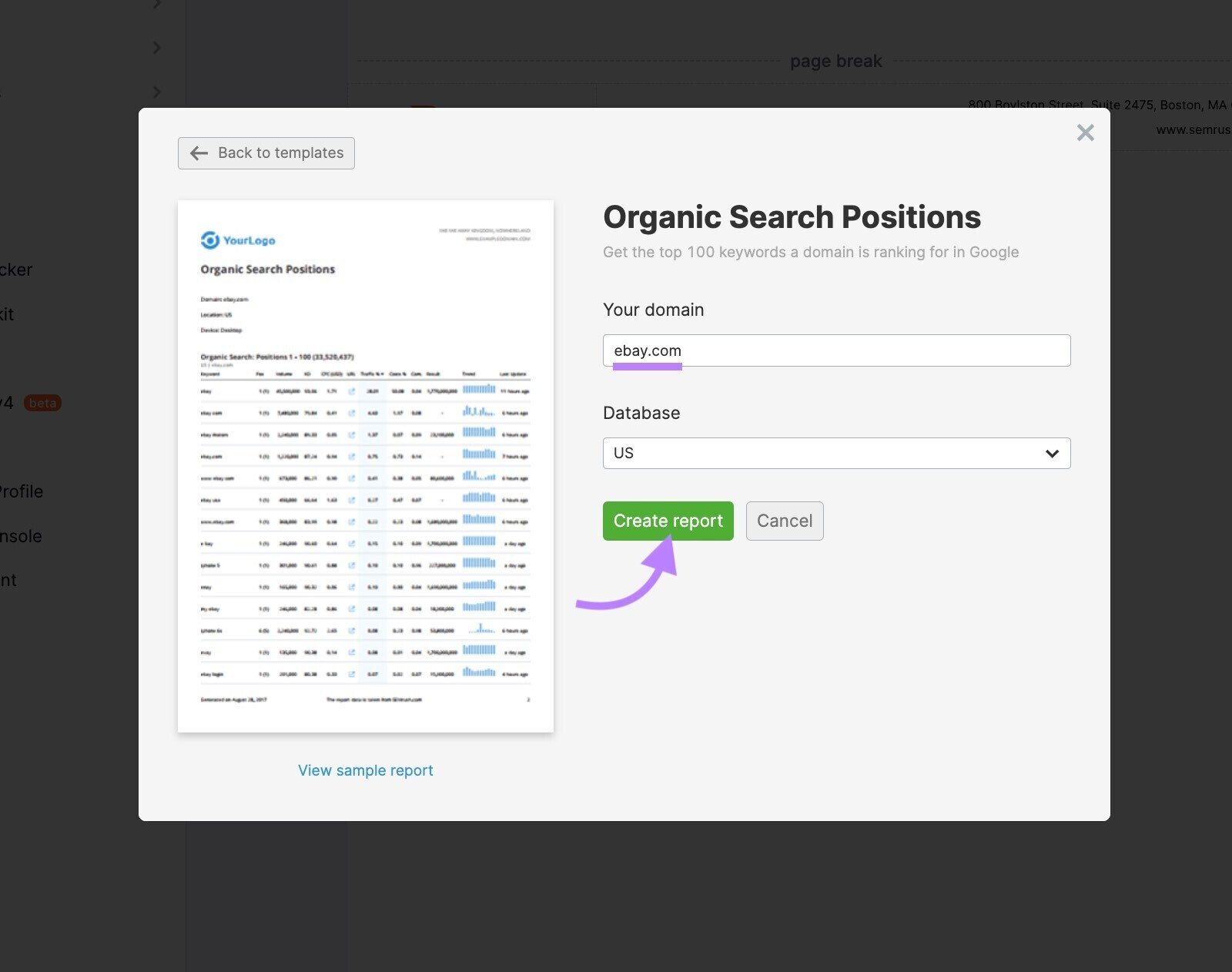 “Organic Search Positions” popup window