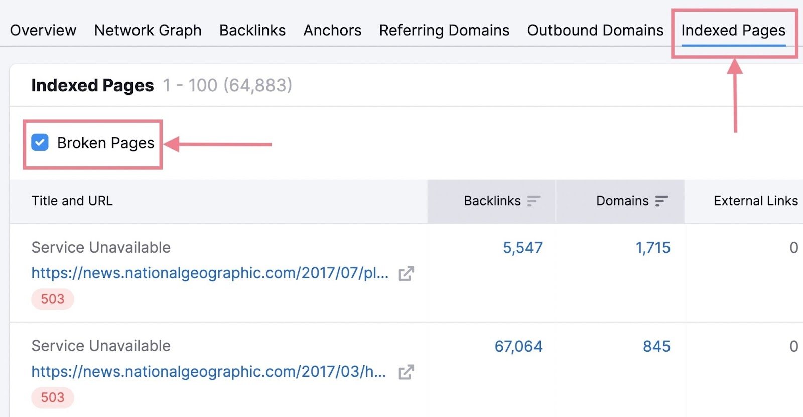 Backlinks showing indexed and broken pages