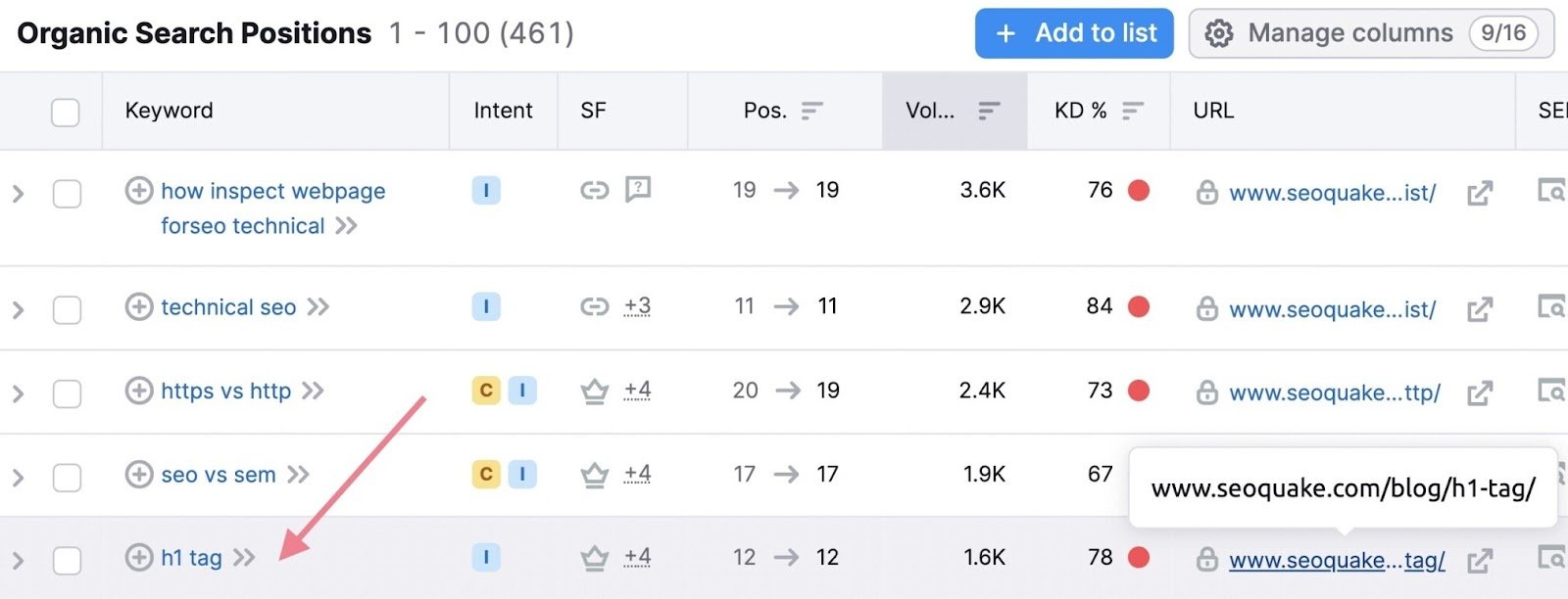 organic rankings "h1 tag" result highlighted