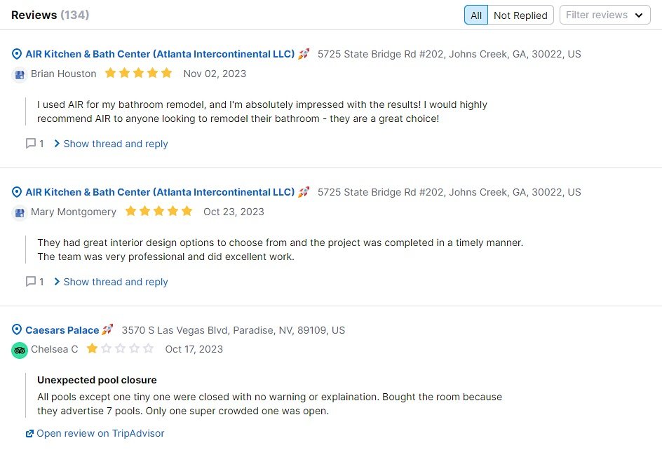 "Reviews" page for the business