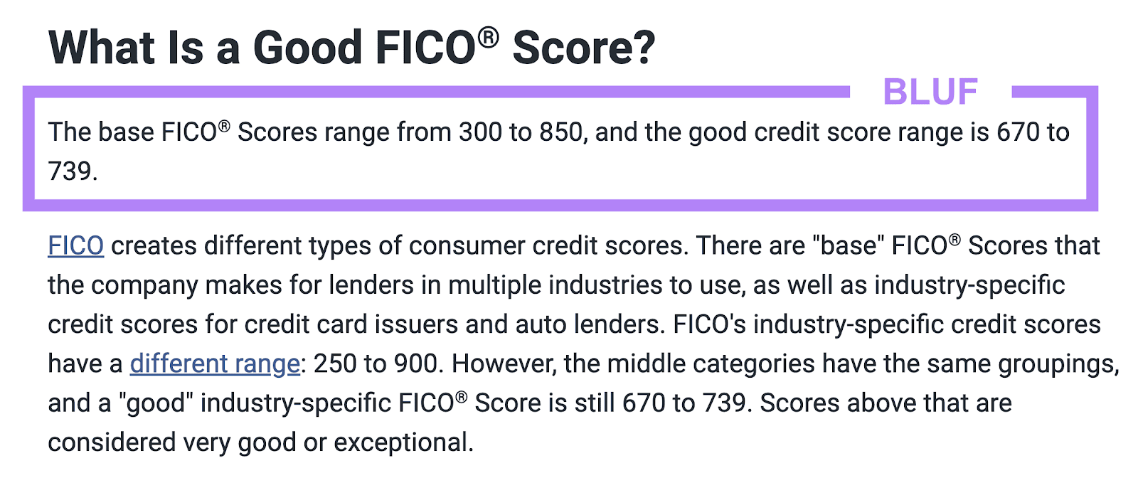 The subheading "What Is a Good FICO Score?" followed by the sentence "The base FICO Scores range from 300 to 850, and the good credit score range is 670 to 739."