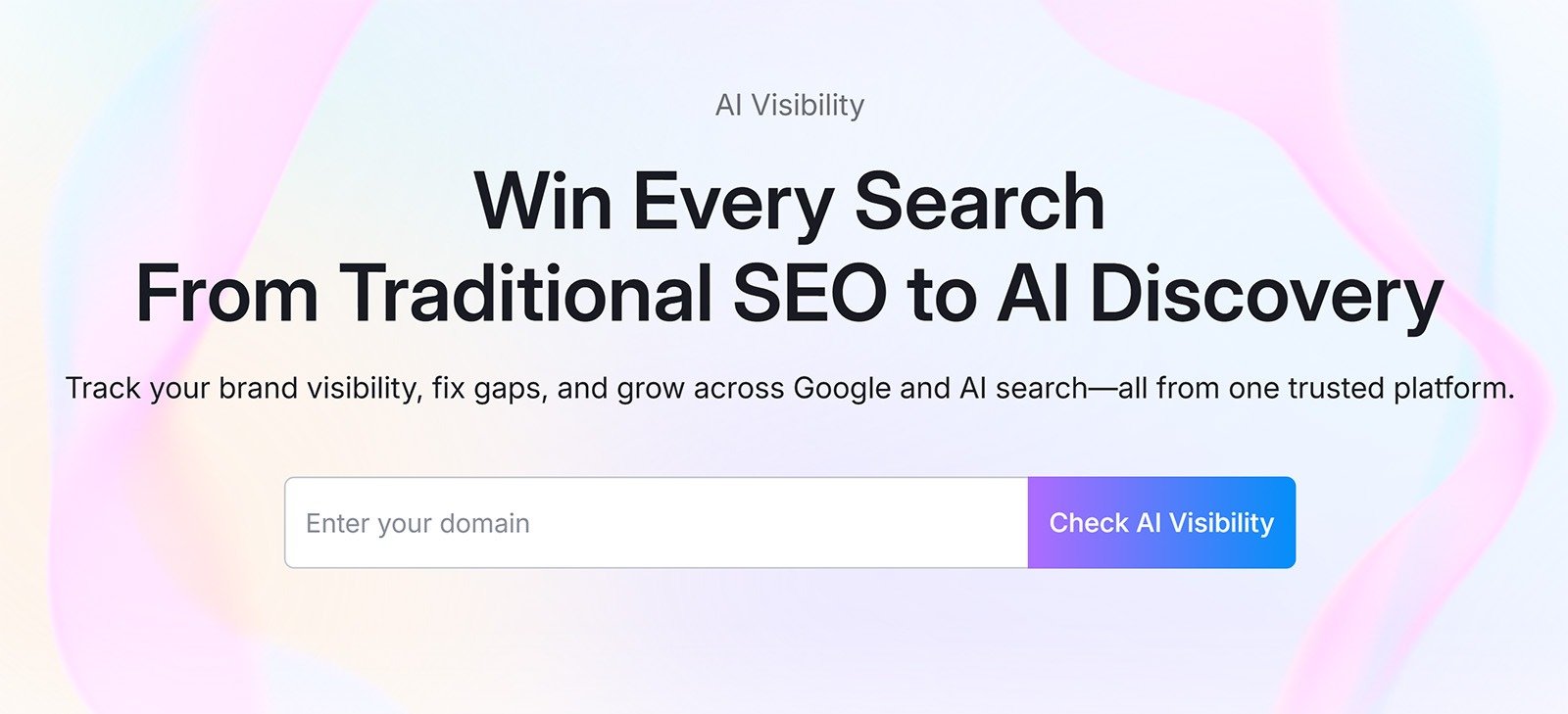 AI Visibility Toolkit Landing page banner with headline about winning search from SEO to AI discovery and a domain input field.