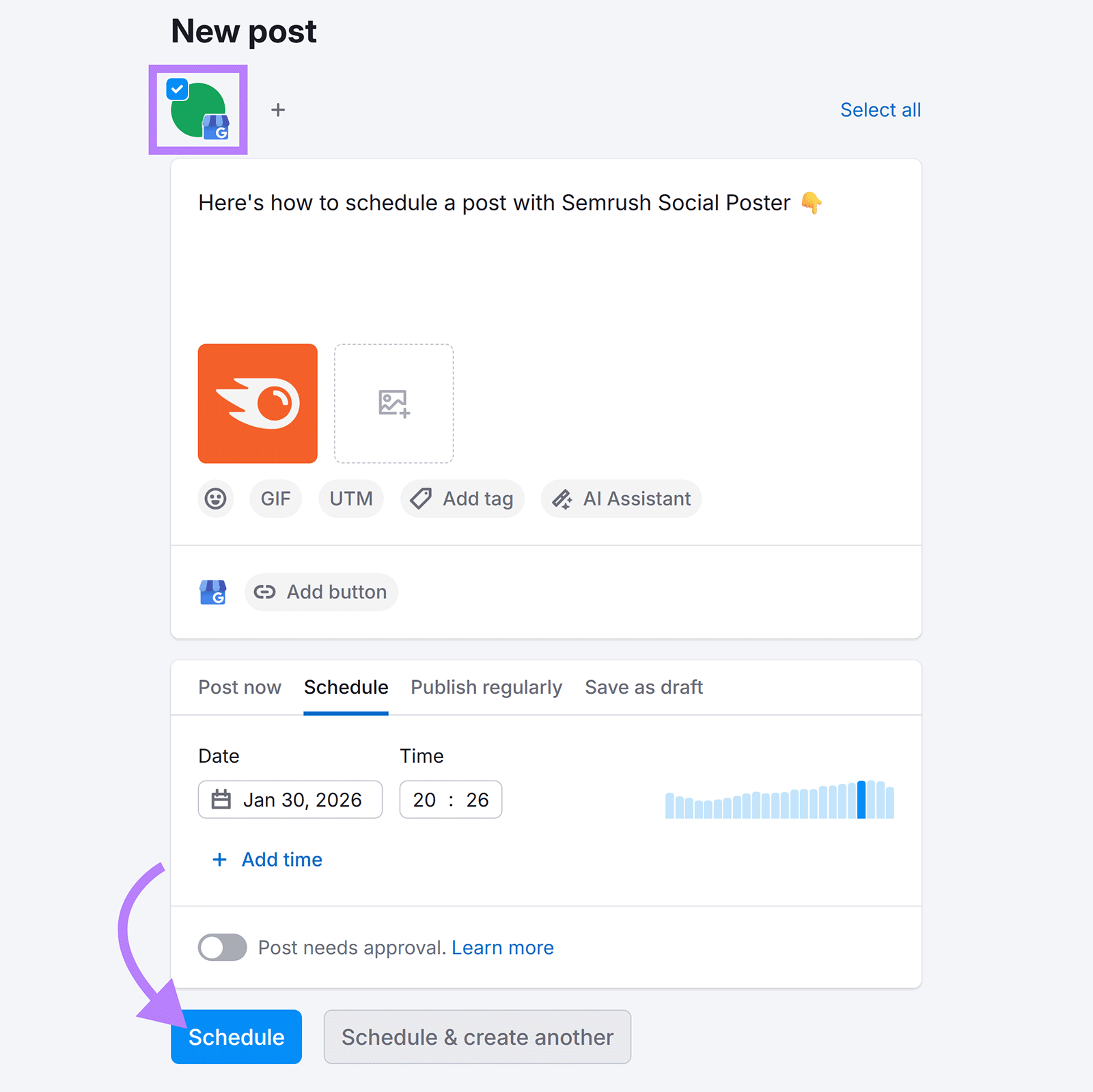 New post composer with profiles selected, post text added, and scheduling options visible before publishing.