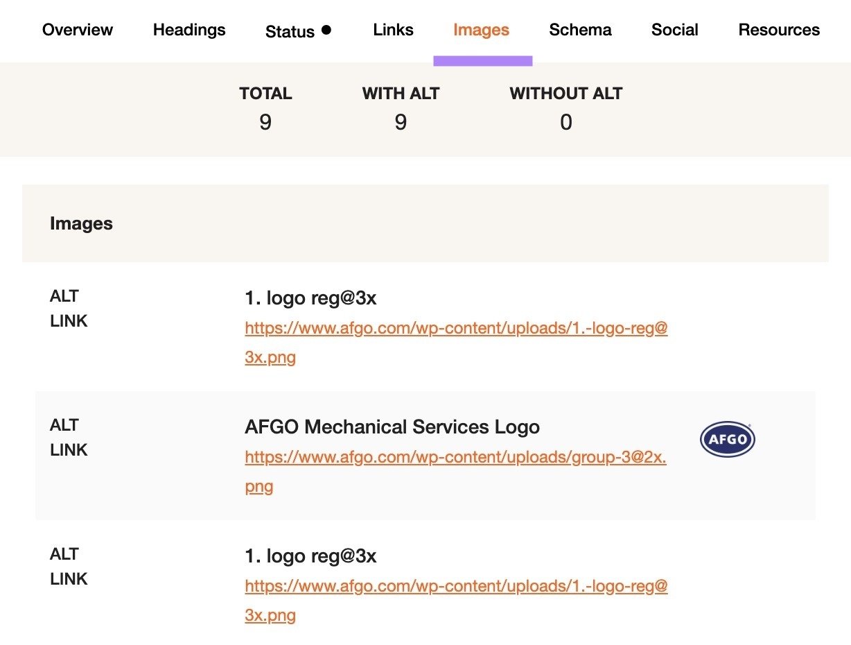 The "Images" tab on the SEO Pro Extension showing total images on a page along with how many have and don't have alt text.