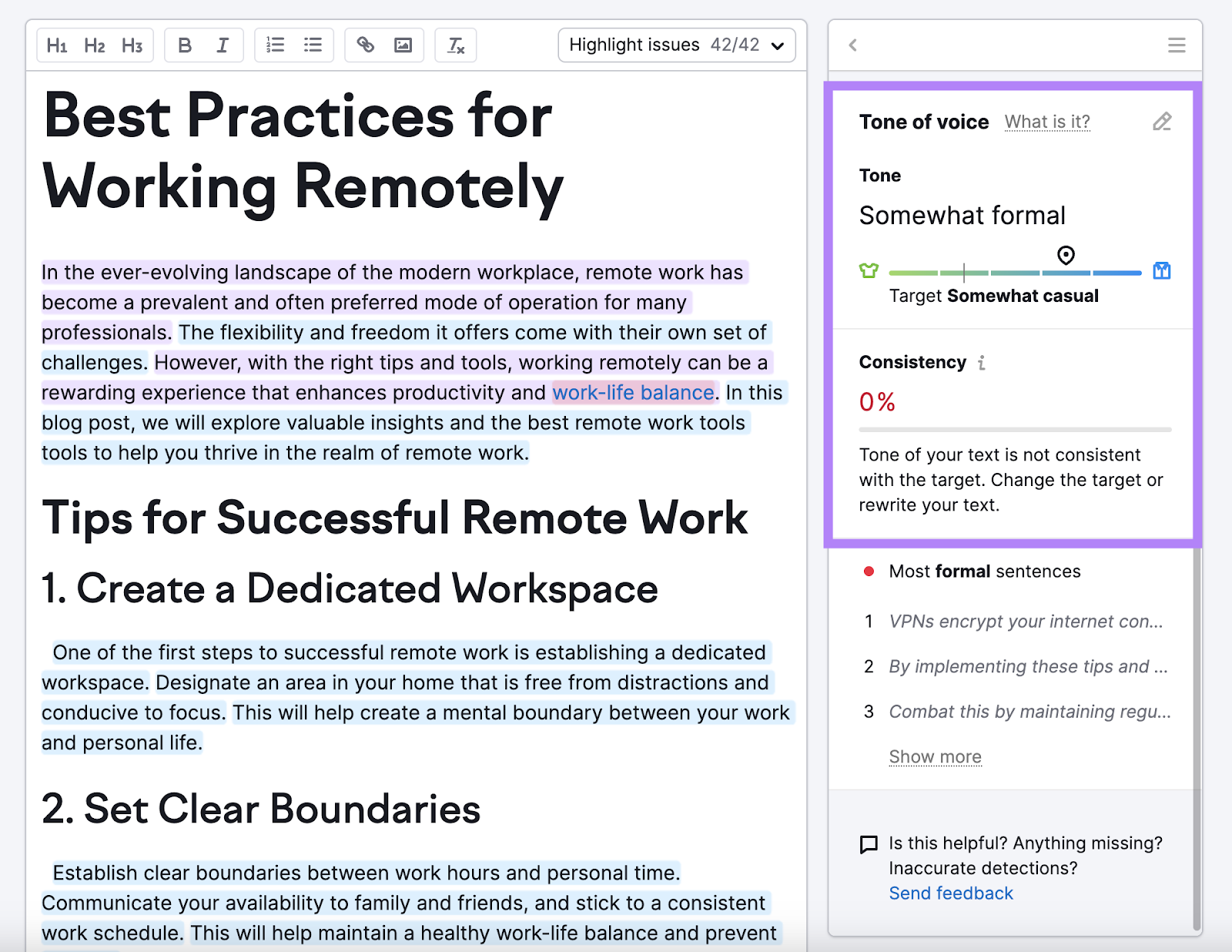 "Tone of voice" score summary in SEO Writing Assistant