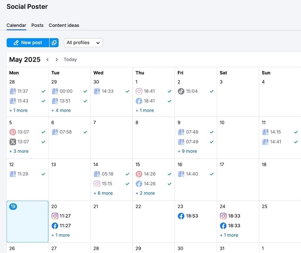 Calendar view on the Social Poster tool showing posts scheduled across different platforms like Facebook, GBP, LinkedIn, etc.