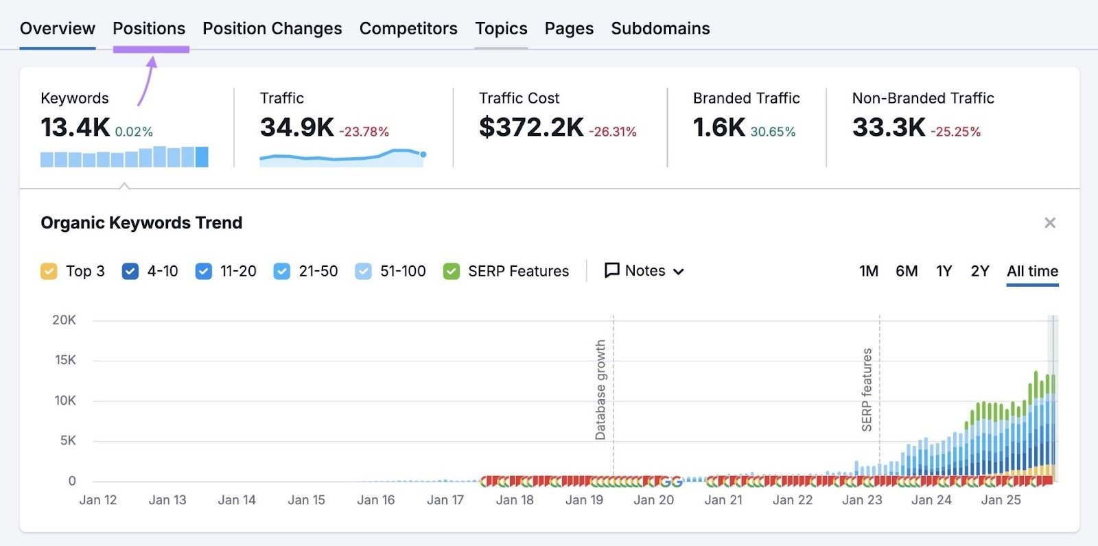 Organic Rankings overview report with the "Positions" tab highlighted.