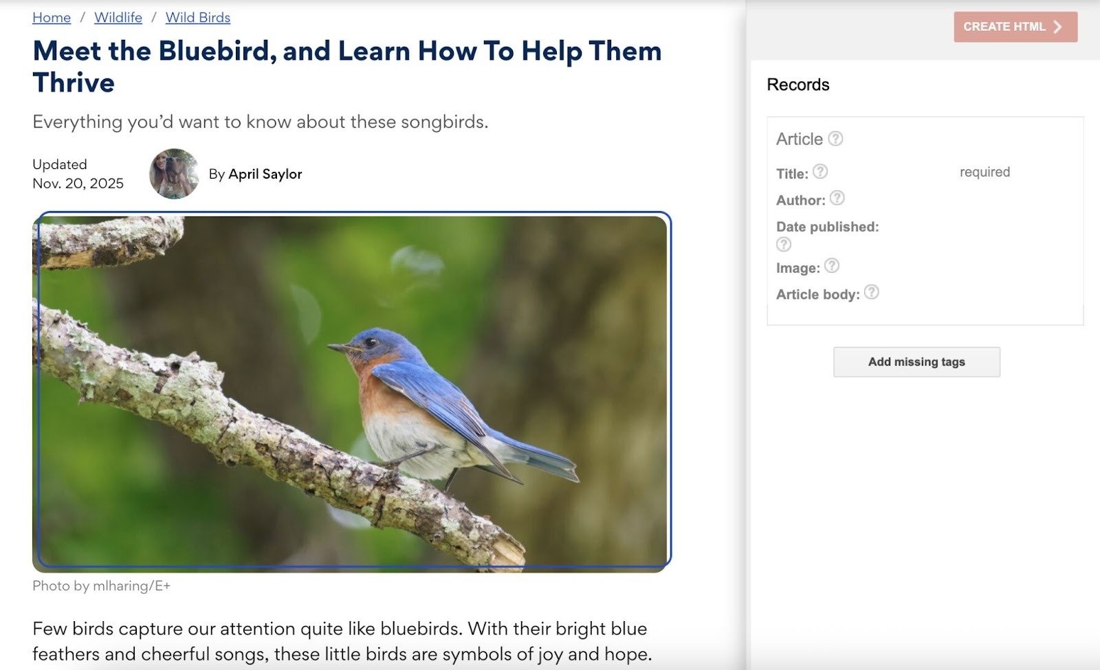 Structured Data Markup Helper showing a webpage on the left and data items for markup on the right.