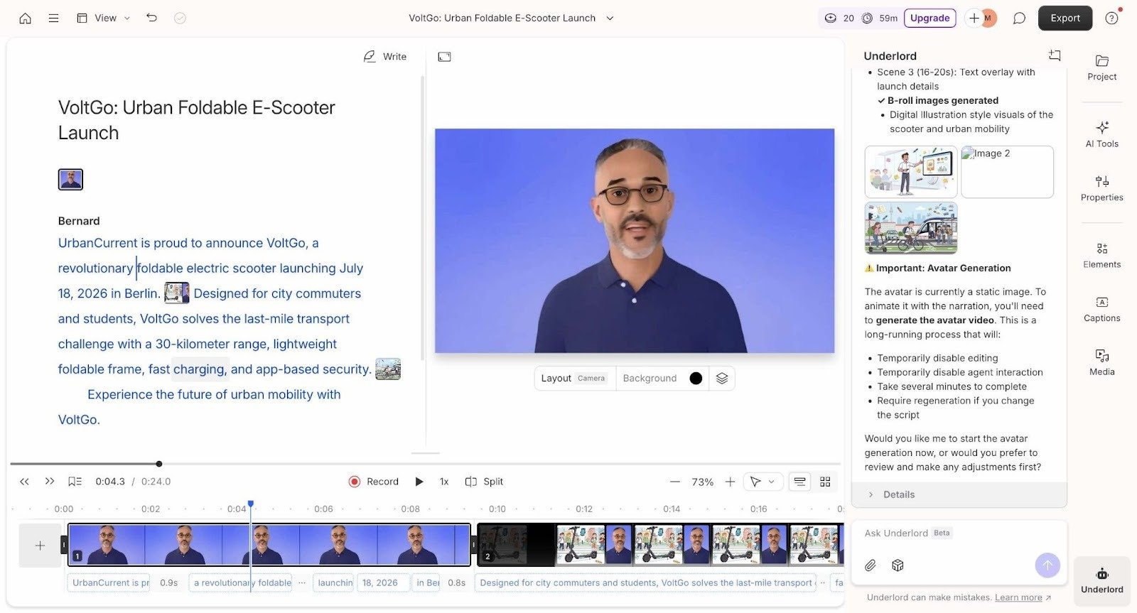 Descript interface showing a video script on the left, a video in the middle, an AI chat on the right, and video editing options at the bottom.