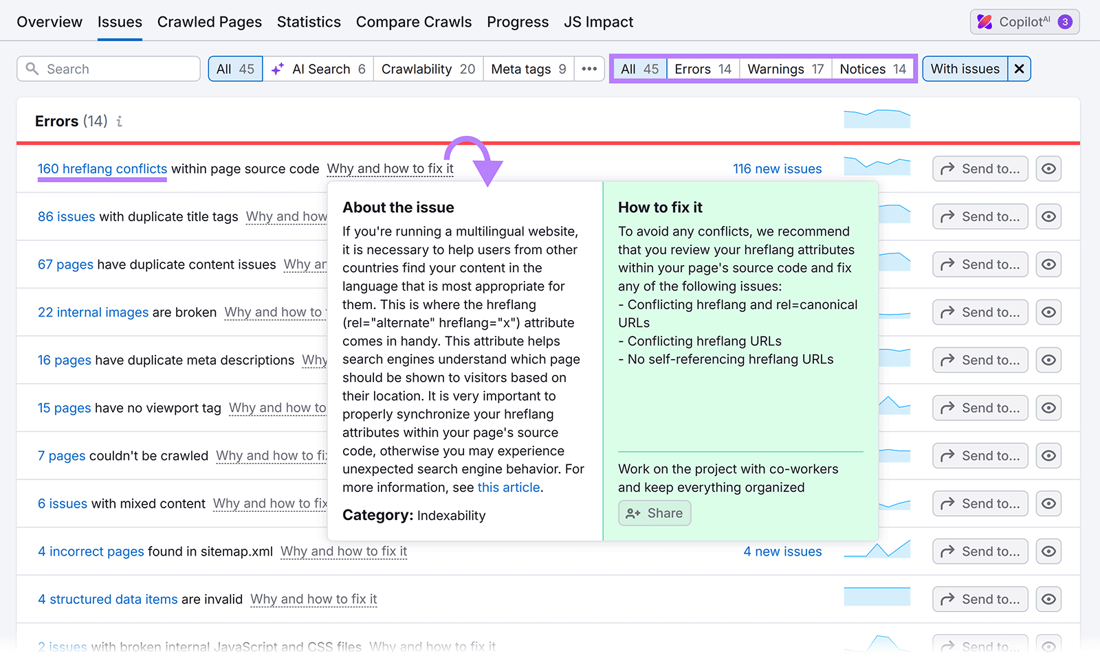SEO issues report showing hreflang conflicts with arrow pointing to fix details popup.