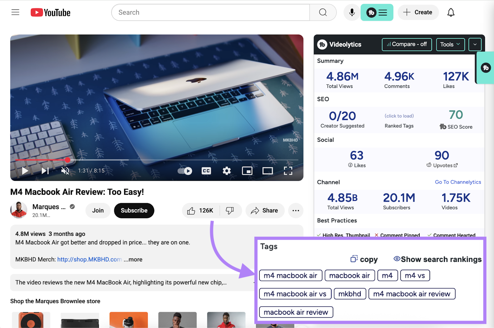 TubeBuddy provides a list of tags in its Videolytics sidebar tool.