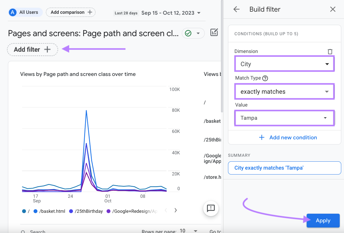 "Build filter" section opened on the right side of "Pages and screens" graph in GA4