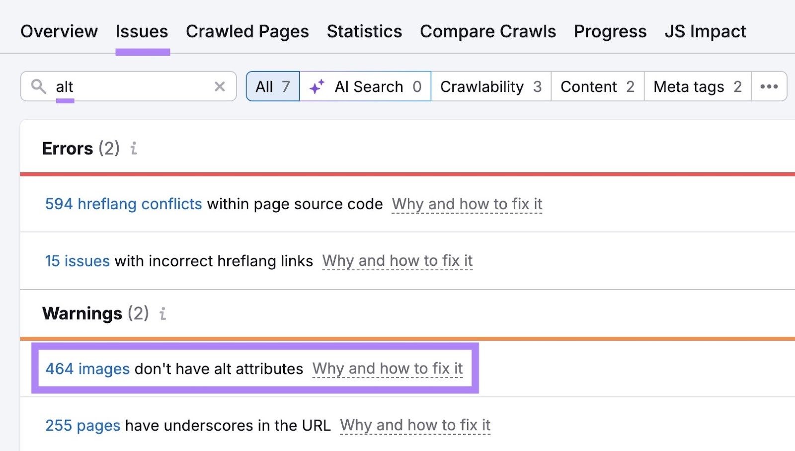 The "Issues" tab on Site Audit with "alt" entered in the search bar showing the number of images that don't have alt attributes.