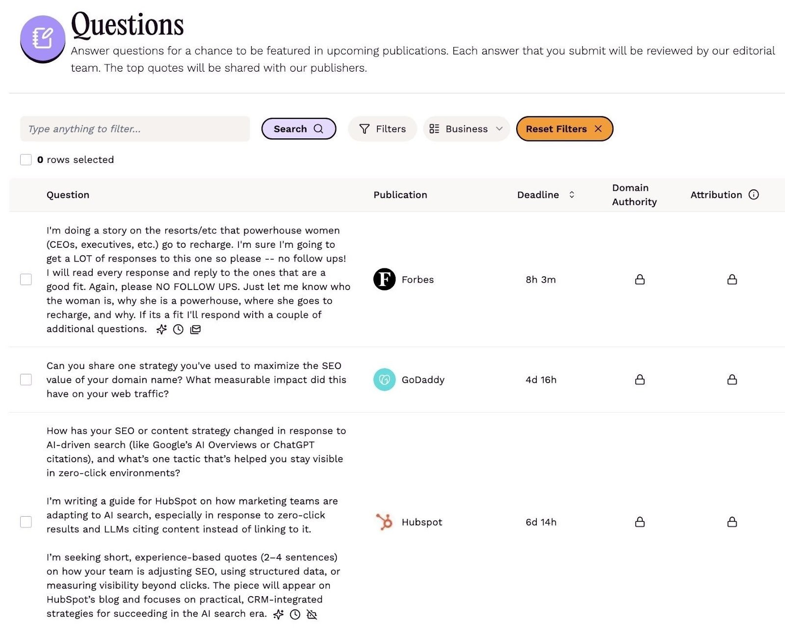 "Questions" on Featured showing a list of queries from journalists intending to connect with subject matter experts.