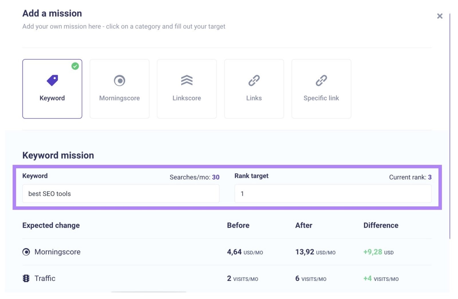 The "Add a mission" window on Morningscore with the keyword mission highlighted.