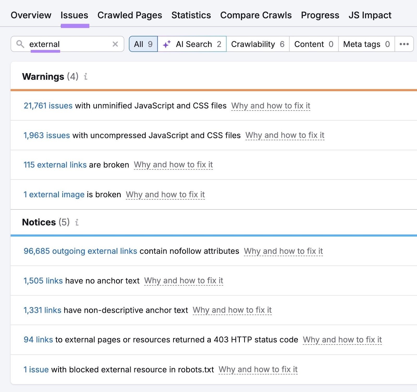The "Issues" tab on Site Audit with "external" entered in the search bar showing a list of external link-related issues.