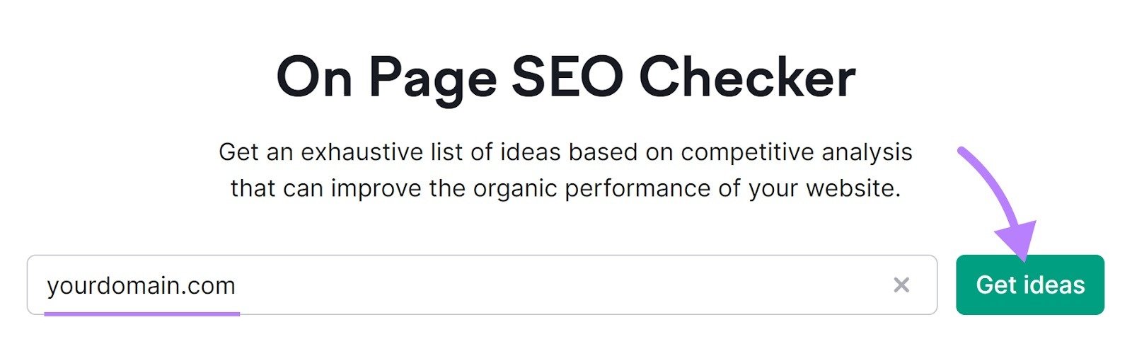 On Page SEO Checker start with domain entered and arrow to Get ideas button.