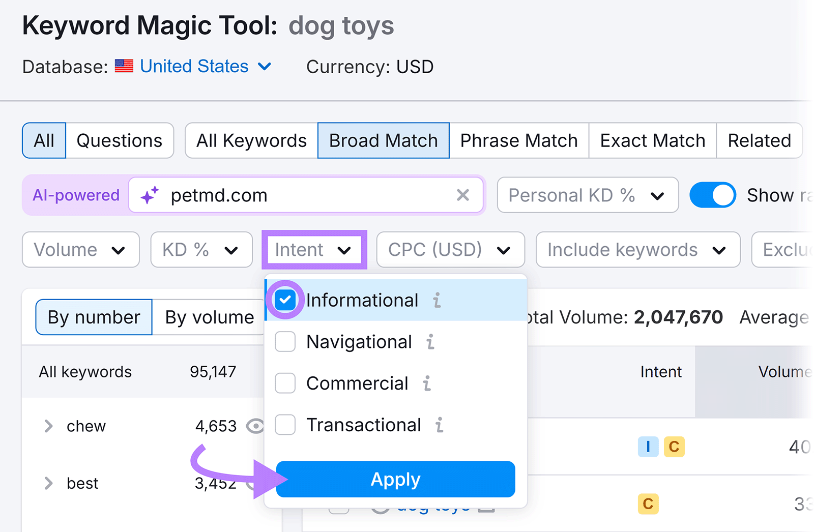 Semrush Keyword Magic Tool showing intent filter options with “Informational” selected.