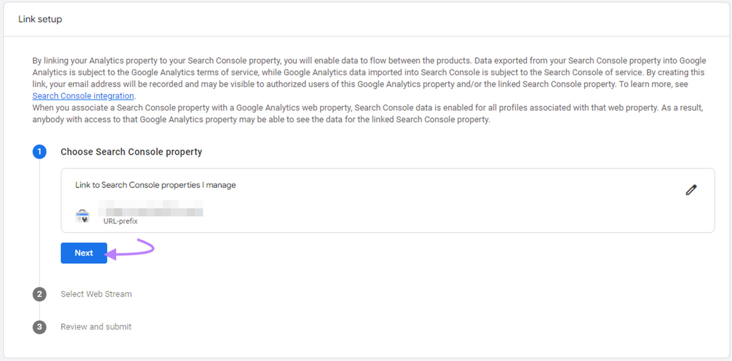 "Next" button highlighted under the "Link setup" page