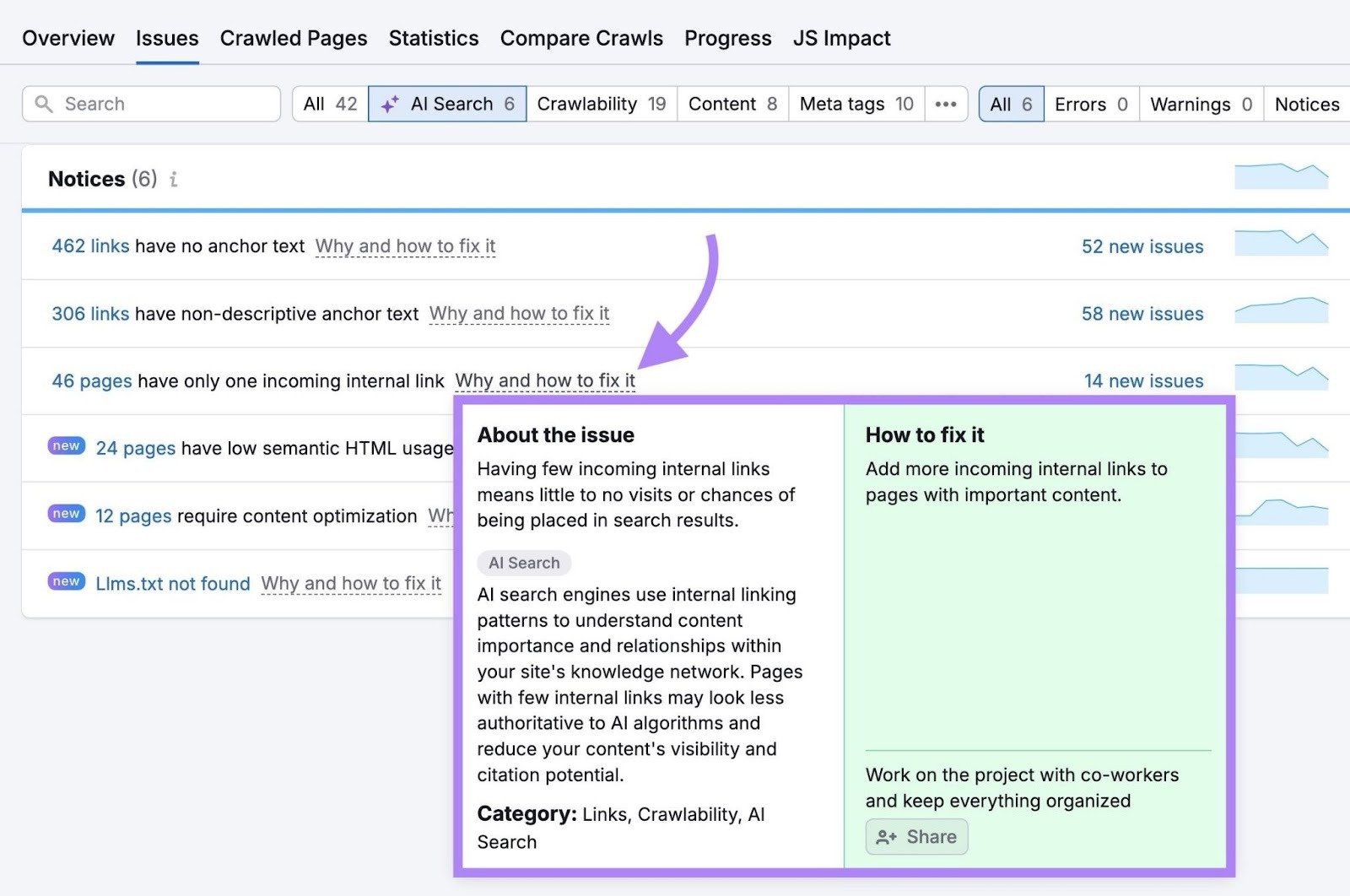 AI Search Issues on Site Audit with “Why and how to fix it” next to an issue clicked.