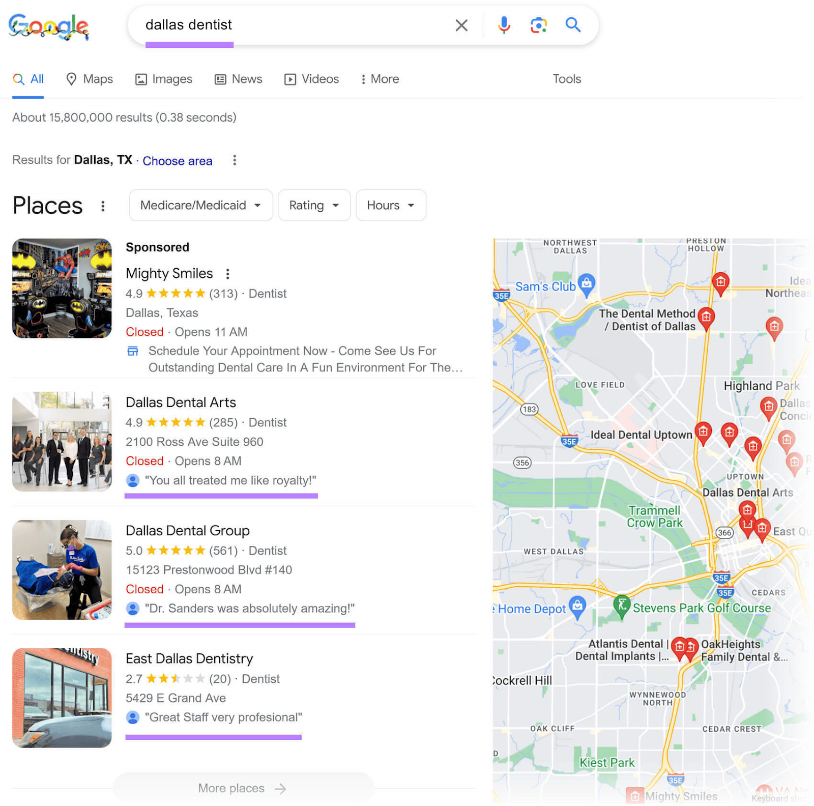 Top-ranking places for “dallas dentist” query