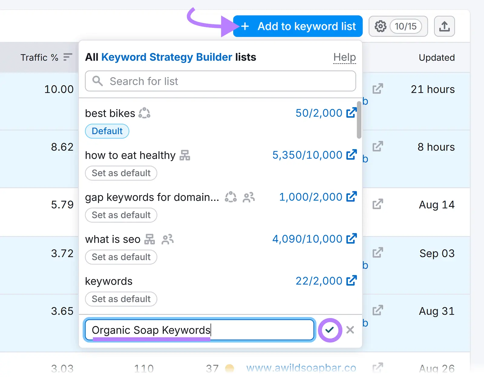 Dropdown showing keyword lists with a new entry “Organic Soap Keywords” being added.