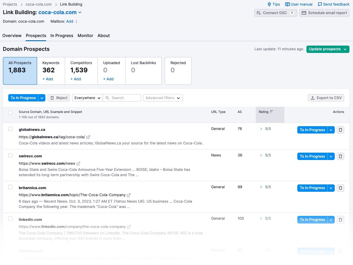 Link Building report for "coca-cola.com"