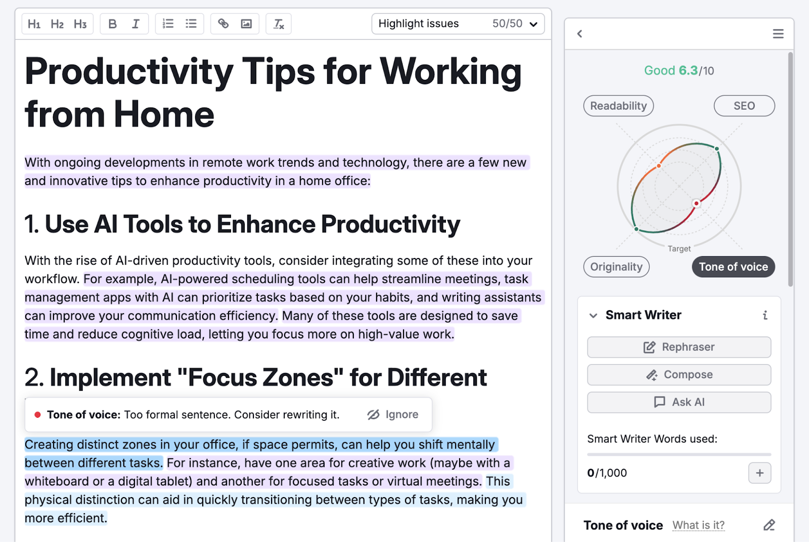 Highlighted text in the content editing tool shows a suggestion to consider rewriting a sentence for tone of voice.