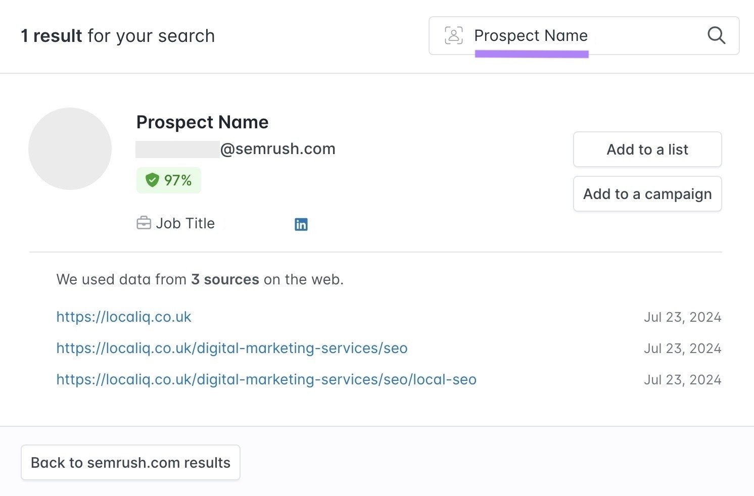 A prospect name entered in the search bar on Hunter showing their email address, position, link to their LinkedIn, etc.