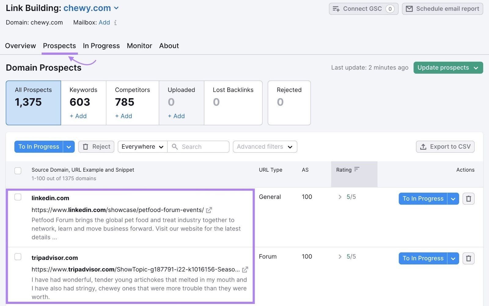 “Prospects” tab in Link Building Tool provides you a list of websites you can contact for backlinks