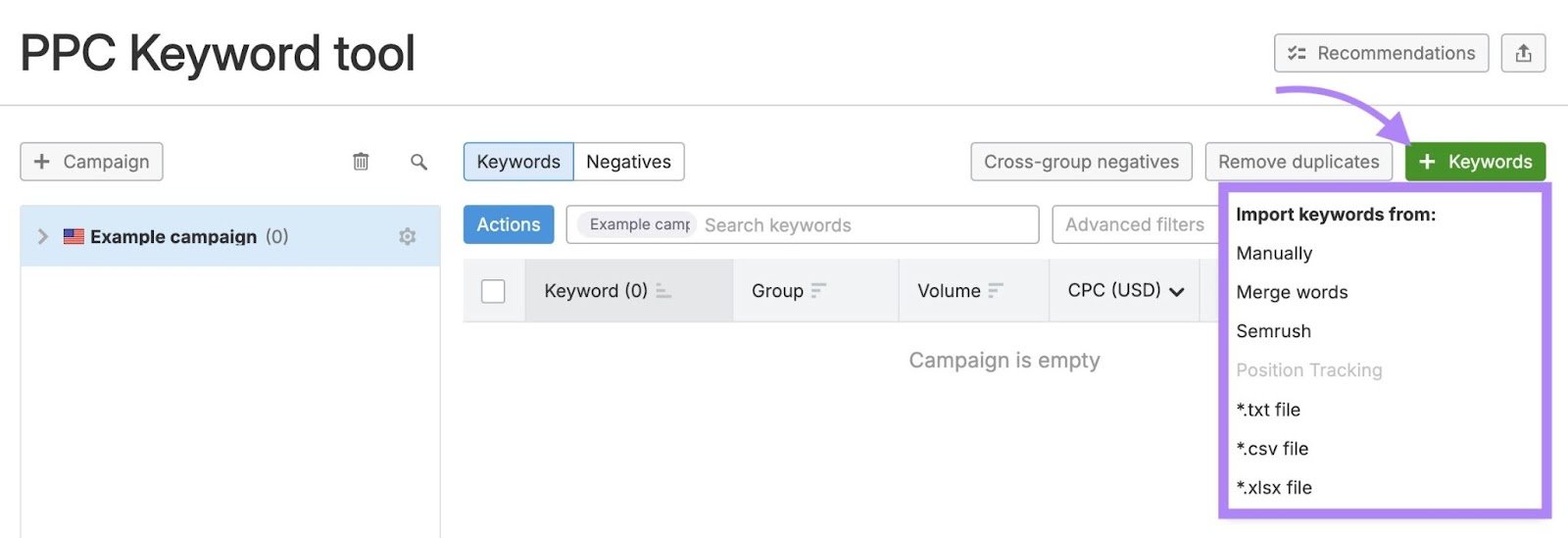 PPC Keyword tool dashboard with "+Keywords" clicked showing options to add keywords manually, from Semrush, or by uploading a file.