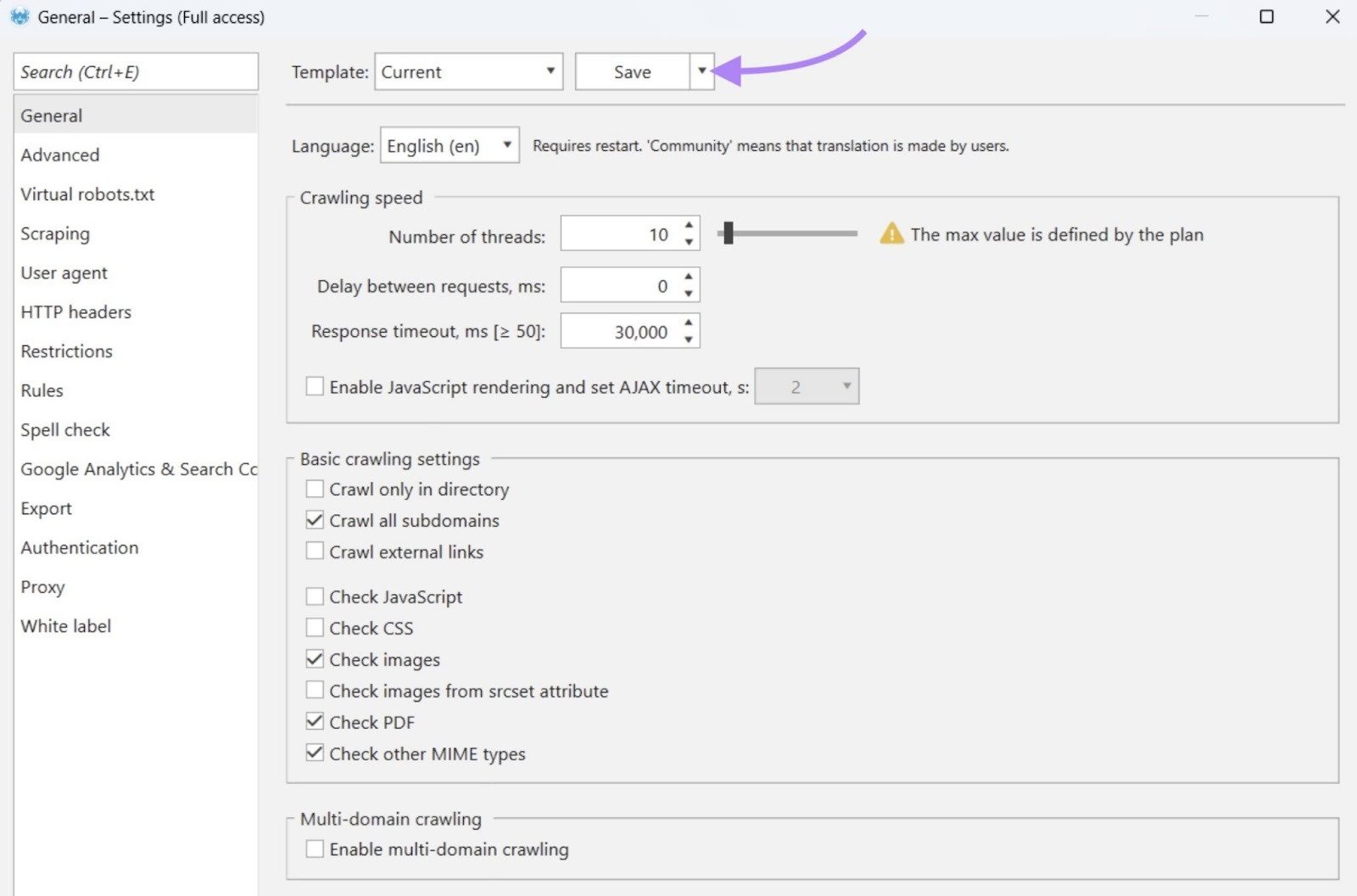 Saving settings as templates on Netspeak Spider.
